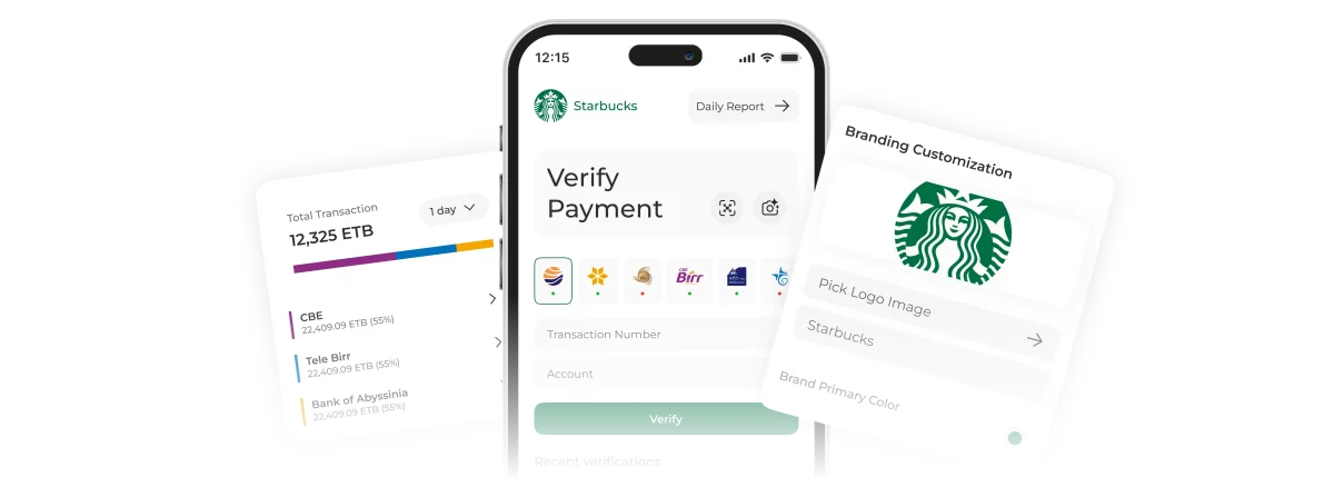 Verify.ET payment verification mobile app interface with Starbucks payment example