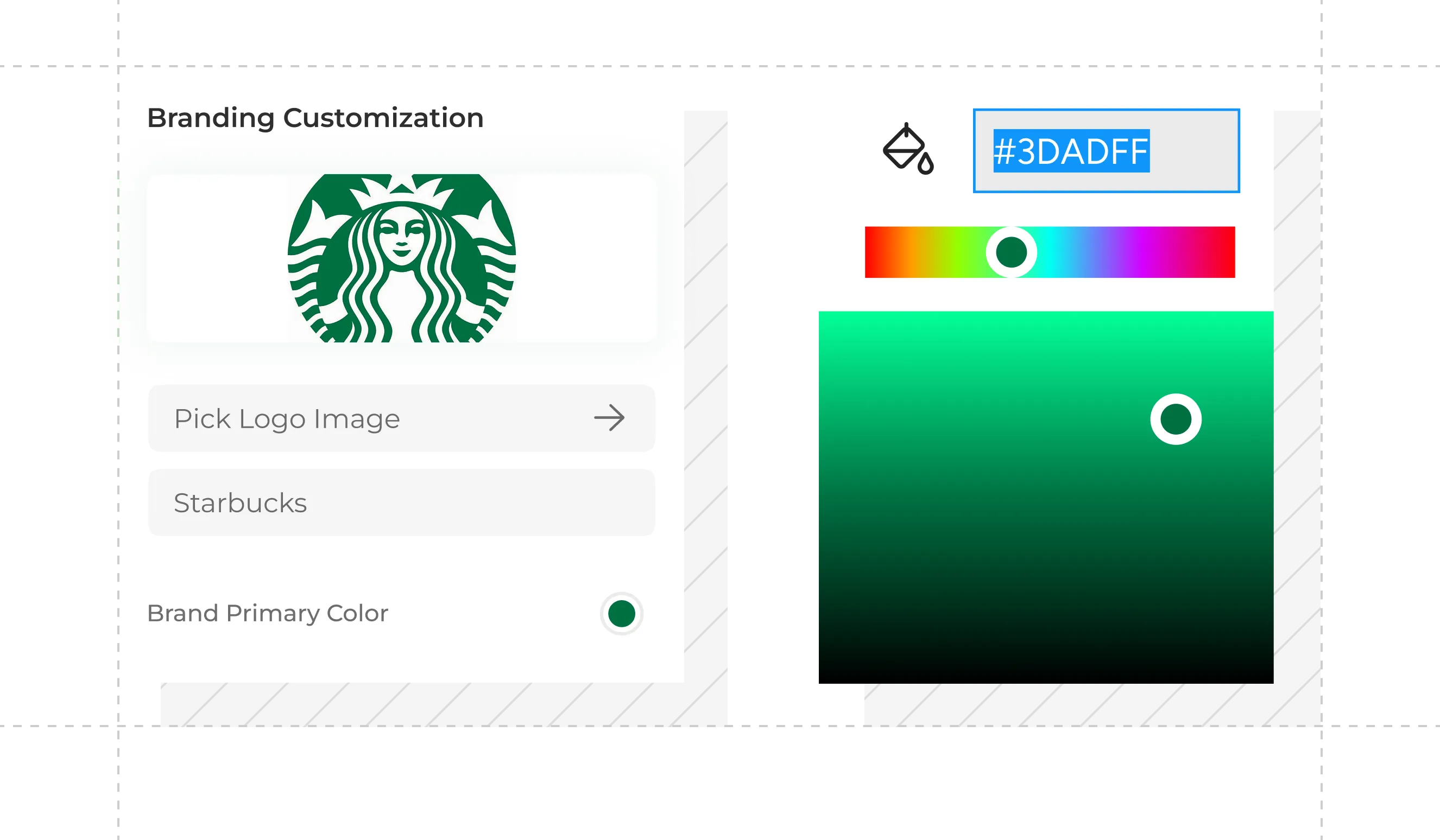 Brand customization interface showing logo selection and primary color controls